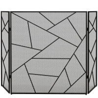 HOMCOM Frente para Lareira Dobrável de 3 Painéis em Aço com Decoração Geométrica e Pés Antiderrapantes 135x85 cm Preto(m-6)