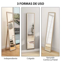 HOMCOM Espejo de Pie Cuerpo Entero con Marco de MDF Espejo de Pared Rectangular con 2 Formas de Uso 37x4x157 cm Plateado y Natural(m-5)