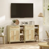 HOMCOM Aparador 2 Portas em Vime Gaveta Compartimentos Abertos Prateleiras Reguláveis 75x30x79,5 cm Natural(m-4)