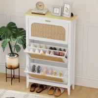 HOMCOM Sapateira Boho 21 Pares 3 Gavetas Basculantes Portas em Vime 80x24x131 cm Branco(m-4)