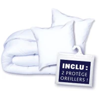 Pack couette 220x240 cm + 2 oreillers 60x60 cm + 2 proteges oreillers 60x60 cm - garnissage 100% Polyester - 350g/m² - blanc - DODO(m-2)