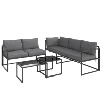 Outsunny Conjunto de Jardim Exterior de Canto 4 Peças com 2 Sofás e 2 Mesas de Centro Encaixáveis em Vidro Temperado Cinza