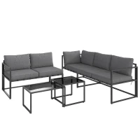 Outsunny Conjunto de Jardim Exterior de Canto 4 Peças com 2 Sofás e 2 Mesas de Centro Encaixáveis em Vidro Temperado Cinza(m-1)