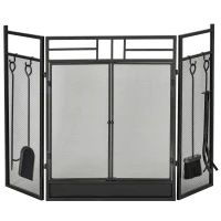 HOMCOM Frente para Lareira de 3 Painéis 2 em 1 com Acessórios Estrutura de Metal 122x80 cm Preto(m-1)