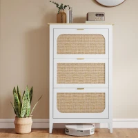 HOMCOM Sapateira Boho 21 Pares 3 Gavetas Basculantes Portas em Vime 80x24x131 cm Branco(m-5)