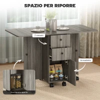 HOMCOM Tavolo a Ribalta a 6 Rotelle con 2 Cassetti e Armadietto ad Ante, in Legno, 120x60x76.5 cm, Grigio(m-6)
