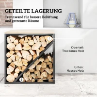 Outsunny 2-in-1 Kaminholzregal für innen 58 x 36 x 60cm erhöhtes Brennholzregal mit Trenner Metall Schwarz(m-6)