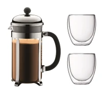 BODUM CHAMBORD Set cafetiere a piston - 8 tasses -  1L - Gris - Avec 2 verres double paroi Pavina 0,35l(m-1)