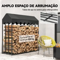 Outsunny Suporte Metálico para Lenha 186x70x185 cm com Cobertura Impermeável Oxford 600D e Estrutura de Aço Capacidade 300 kg Preto(m-4)