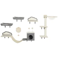 PawHut Conjunto de Prateleiras para Gatos de 6 Peças Casinha Rede Acrílica e Arranhador de Sisal Bege(m-7)