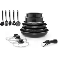 ARTHUR MARTIN Batterie de cuisine amovible 15 pieces 16-20-22-24-26 cm noir - Tous feux dont induction(m-1)
