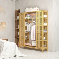 HOMCOM Armoire en bambou avec 2 portes coulissantes, étagères et tringle, grande armoire pour la chambre, 145 x 35 x 165cm(m-8)
