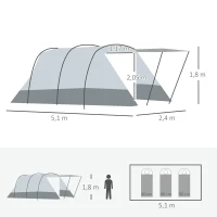 Outsunny Tenda de Camping Familiar 6-8 Pessoas Tenda em Túnel Impermeável Portas + Janelas 5,1x2,4x1,8 cm Cinza Claro(m-3)