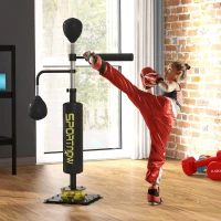 SPORTNOW Vrijstaande bokszak, twee speedballs, draaibare bokszuil, kickkussen, in hoogte verstelbaar, staal, 84 x 36 x 140-205 cm, Zwart(m-10)