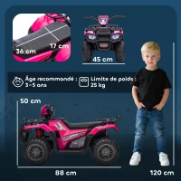 HOMCOM Quad Elétrico Infantil 12V Carro Elétrico para Crianças Motor Duplo Faróis e Música 88x45x50cm Rosa(m-3)