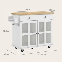 HOMCOM Carrinho Ilha de Cozinha Tampo 95x46 cm Gaveta 2 Armários com Vidro Porta-Temperos Branco(m-3)