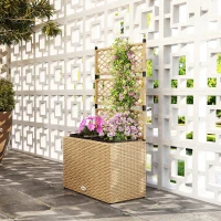 Outsunny Jardineira com Treliça 3 Vasos (22 L) Resina Trançada e Aço 57x30x107 cm Cor Areia(m-2)