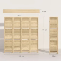 HOMCOM Biombo Interior 4 Painéis 160x170 cm 3 Prateleiras Dobráveis Portas com Persianas Natural(m-3)