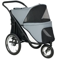 Pawhut Carrinho para Cães Dobrável com 3 Rodas Bolsa de Arrumação Almofada Macia e Trela de Segurança 101x64x93 cm Cinza(m-1)