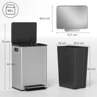 HOMCOM Balde de Lixo de Cozinha com 50 L Pedal Balde Removível Tampa de Fecho Suave 41,7x36,6x62 cm Prata(m-3)