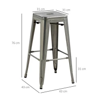 HOMCOM Conjunto de 4 Bancos de Bar Industrial Design Empilhável com Apoio para Pés Metal 43x43x76 cm Prata(m-3)