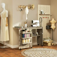 HOMCOM Mesa de Costura Dobrável com Tampo Rebatível Caixas de Arrumação Prateleira Aberta e Rodízios Cor Madeira(m-2)