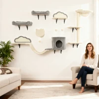 PawHut Conjunto de Prateleiras para Gatos de 6 Peças Casinha Rede Acrílica e Arranhador de Sisal Bege(m-5)