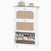 HOMCOM Sapateira Boho 21 Pares 3 Gavetas Basculantes Portas em Vime 80x24x131 cm Branco(m-7)