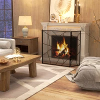 HOMCOM Frente para Lareira Dobrável de 3 Painéis em Aço com Decoração Geométrica e Pés Antiderrapantes 135x85 cm Preto(m-2)