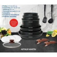 Arthur Martin AM1502 Batterie de cuisine 15 pieces - poignée amovible effet bois - tous feux dont induction(m-2)