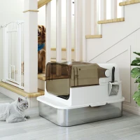 PawHut Caixa de Areia Fechada em Aço Inox para Gato 70x50x46,5 cm Anti-Odor com Pá (Branco)(m-4)