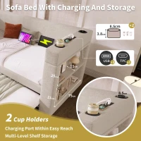 3ft Upholstered Daybed With Cup Holders, 3 USB and Type‑C Charging Ports, Single Sofa Bed for Compact Room, 207L x 98W x 74H cm, Beige(m-6)