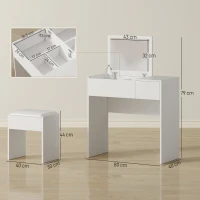 HOMCOM Tavolo da Trucco con Specchio Richiudibile, Tavolo da Trucco Moderno, con Sgabello, Vano Contenitore (4 Scomparti), MDF Bianco, 80x40x79 cm(m-3)