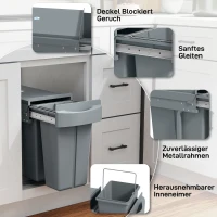 HOMCOM Ausziehbarer Mülleimer, Küchenmüllbehälter mit 2 herausnehmbaren Eimern, Griff, 30 Liter (20 L+10 L), Metall, Grau(m-7)