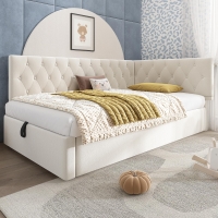 Daybed Upholstered Single Sofa Bed with Hydraulic Ottoman Storage, Bed Frame with Reversible Headboard, 196L x 100W x 77H cm, Beige