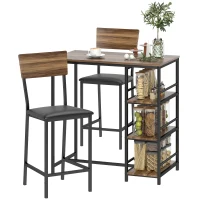 HOMCOM Mesa alta 3 estantes y 2 taburetes con reposapiés y respaldo, nogal/negro(m-7)