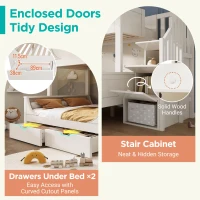 Children's Bunk Bed with Under-bed Pull-out Drawer, Ladder Cabinet Storage, Staircase Sleeper for Living Room, 246L x 141W x 150H cm, White(m-5)