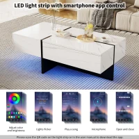 High-Gloss Coffee Table with App-Controlled Colour-Changing LED Lighting, Tea Table with 3 Drawers, 100L x 50W x 34.5H cm, Black+White(m-4)