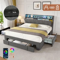 4ft6 Double Upholstered Bed with 3 Drawers, Charging Station, Sturdy Headboard with App-controlled RGB LED, 213L x 142W x 106H cm, Grey(m-7)