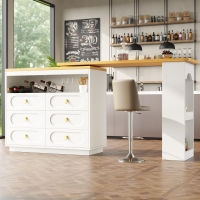 360° Rotating Bar Table with Rotating Side Table, Double-Layer Spice Rack, Extendable Kitchen Island with 6 Drawers, 137L x 39W x 90H cm, White