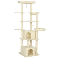 PawHut Albero per Gatti Alto 200 cm Multilivello con 2 Casette, 2 Lettini e Amaca, Struttura per 2-3 Gatti, Beige(m-1)