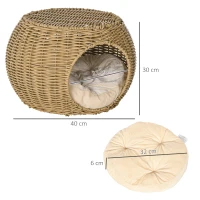 PawHut Cama para Gatos de Vime PE Trançada Aspeto Rattan com Almofada Ø40x30 cm Castanho Claro(m-3)