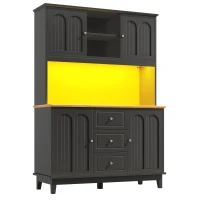 Tall Kitchen Sideboard Cabinet with App-Controlled Changing LED Lighting, Cupboard with Open Display Shelf, 120L x 40W x 180H cm, Black(m-2)