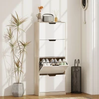 HOMCOM Dulap Subțire pentru Pantofi cu 4 Sertare pentru 16 de Perechi de Pantofi 62.5x26x156 cm, Culoare Lemn și Alb(m-2)