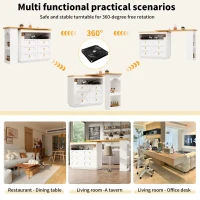 360° Rotating Bar Table with Rotating Side Table, Double-Layer Spice Rack, Extendable Kitchen Island with 6 Drawers, 137L x 39W x 90H cm, White(m-4)