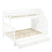 Children's Bunk Bed with Staircase, Drawer Storage, Slatted Base, Solid Wood Frame for Compact Room, 225L x 140W x 150H cm, White(m-10)
