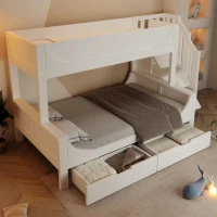 Children's Bunk Bed with Under-bed Pull-out Drawer, Ladder Cabinet Storage, Staircase Sleeper for Living Room, 246L x 141W x 150H cm, White(m-1)