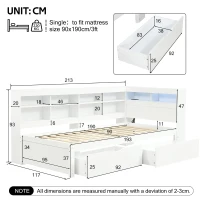 3ft Single Daybed with 2 Storage Drawers, Integrated Headboard Storage, Sturdy Wood Frame for Compact Room, 213L x 117W x 93H cm, White(m-3)