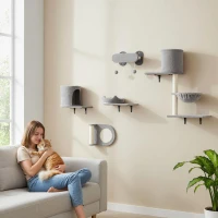 PawHut Conjunto de Prateleiras para Gatos de 5 Peças com Hamac e 2 Tocas Arranhadores em Sisal Cinza(m-5)