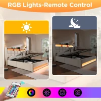 Upholstered Double Bed with LED Lighting and USB‑C Charging Station, Bed Frame with Padded Headboard, 200L x 140W x 117H cm, Beige(m-5)